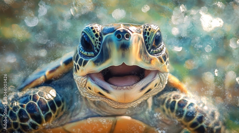 Fototapeta premium A baby turtle is smiling and looking at the camera. The image has a playful and lighthearted mood, as the turtle appears to be happy and content