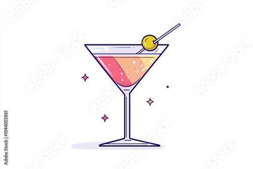 Martini glass with olive, minimalist cocktail art on white background