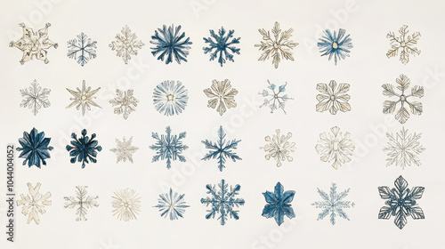 Collection of various blue and white snowflakes on white background