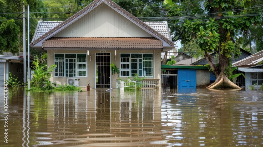 Obraz premium A house is surrounded by water and has a lot of damage