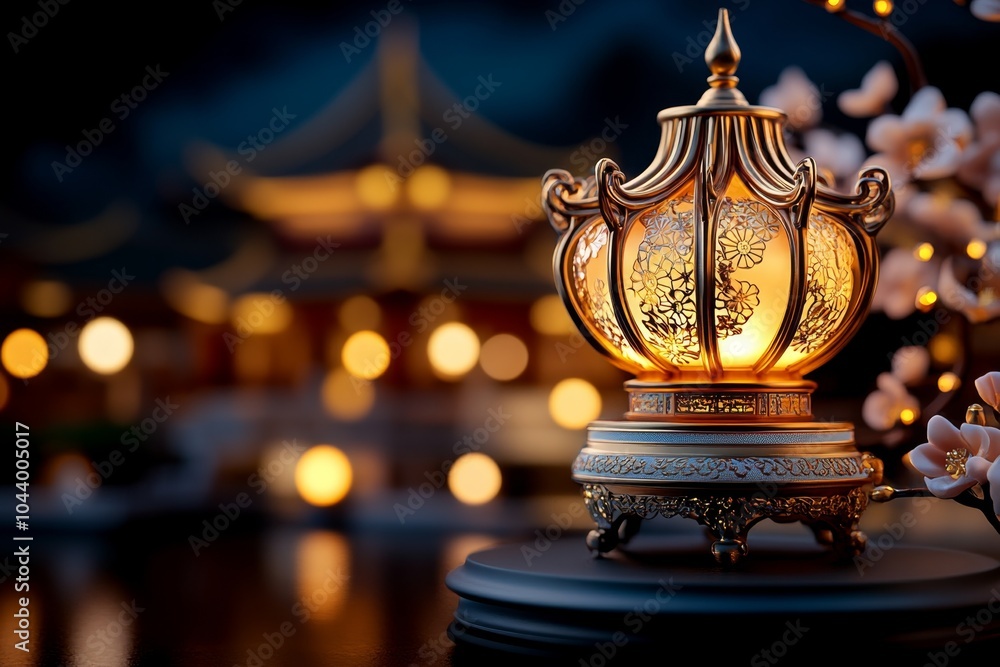 Hyper-realistic close-up of golden lanterns glowing in the evening, with intricate details and textures representing wealth and light Hyper-realistic close-up of golden lanterns glowing in the evening, with intricate details and textures representing wealth and light