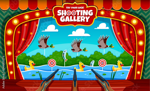 Hunting ducks, carnival shoot game, shooting range or gallery booth with targets and guns. Vector amusement park, carnival or funfair shoot game with cartoon ducks in frame of circus arena, curtains