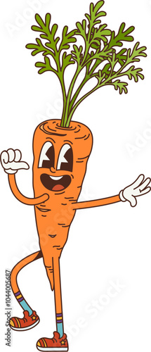 Cartoon groovy carrot vegetable character for retro comic food, vector personage. Groovy funky funny carrot with happy silly face and quirky expression for groovy food emoji in trippy good vibes