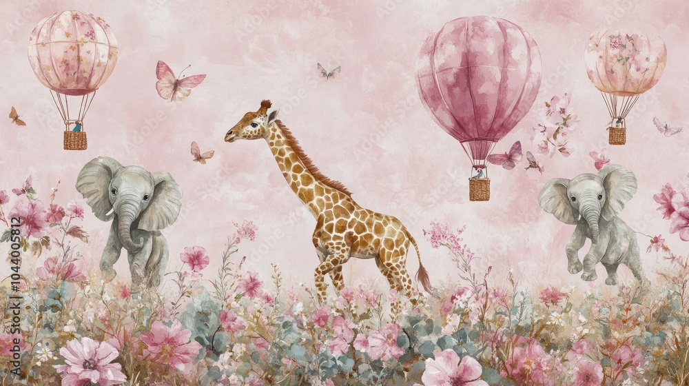Obraz premium A kids' wallpaper mural featuring cycling animals with balloons, including a giraffe and elephant, set against a watercolor pink background. The design includes hot air balloons, blooming flowers.