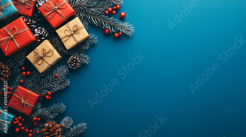 Festive Christmas decorations with wrapped gifts in red and gold, pine cones, and branches on a blue background. Perfect for holiday greetings, invitations, and seasonal designs