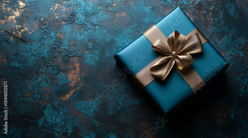 A luxurious dark blue gift box with a gold ribbon, set against a textured background. Perfect for special occasions, celebrations, and elegant gift-giving moments
