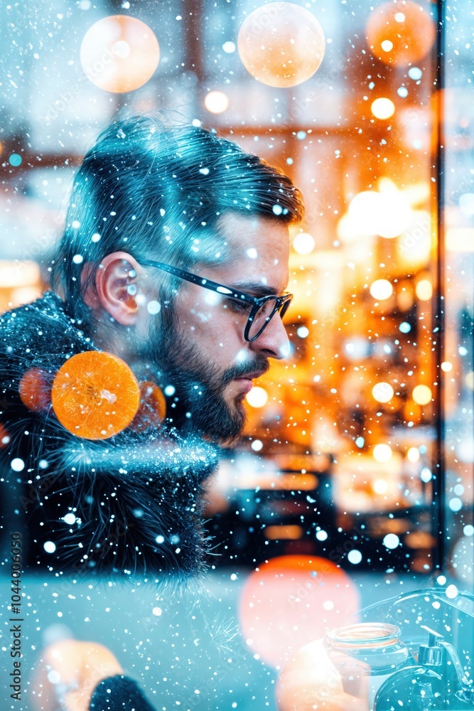 Fototapeta premium Portrait of a man in glasses enjoying a snowy evening with glowing bokeh lights around him 