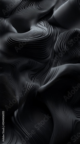 Abstract black 3D texture waves, creating a modern and elegant design, ideal for backgrounds, technology, and minimalist art concepts