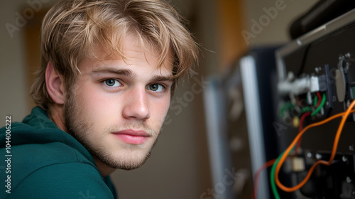 Young man working on electronic equipment in a room with soft lighting during daytime