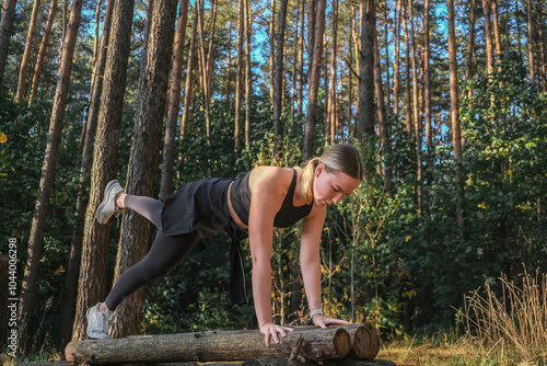 Workout. Fitness, outdoor workout in nature. Fitness, motivation for working the gym, health improvement. Woman doing sports outdoors,wellness, Health, nature, fitness, eco-fitness. mental health. photo