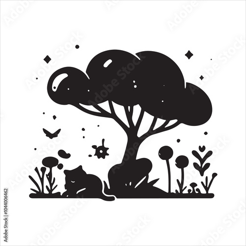 Cat Relaxing Under Tree Silhouette Vector with Celestial Sky Elements