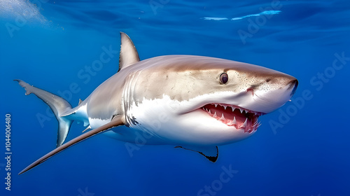 Great white shark swimming in clear blue waters, showcasing its powerful body and sharp teeth during a sunny day