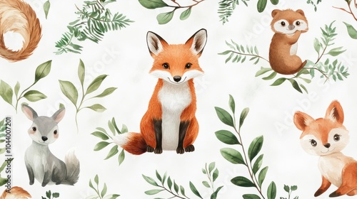 animals in the forest, Delight in the charm of the jungle with an endearing seamless repeating pattern tile featuring adorable jungle animals frolicking against a soft white watercolor background