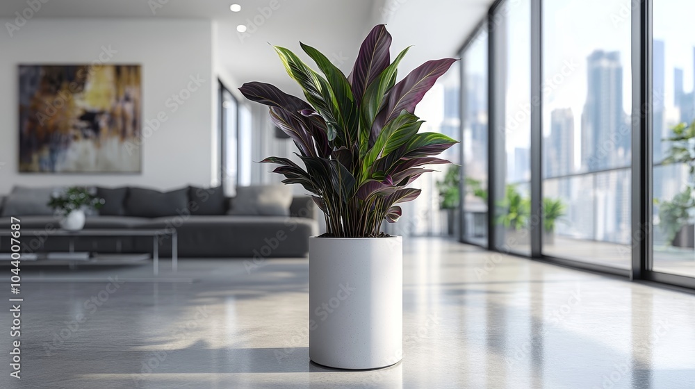 Fototapeta premium Modern living space with a large indoor plant in a sleek white pot, oncept indoor planten, floral shops