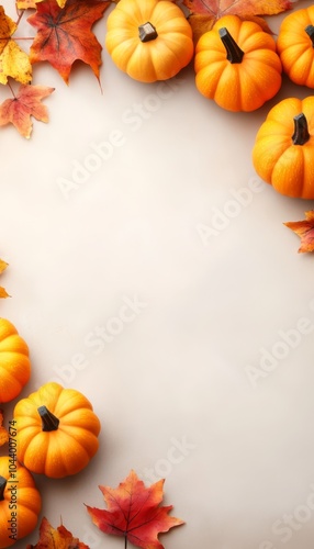 Autumnal Flat Lay, Orange Pumpkins, and Colorful Maple Leaves on a Beige Background with Copy Space