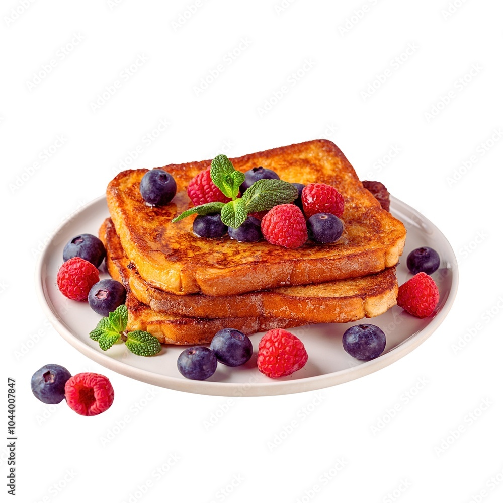 French toast crowned with vibrant strawberries, plump blackberries. French gourmet breakfast menu item. French toast crowned with vibrant strawberries, plump blackberries. French gourmet breakfast menu item.