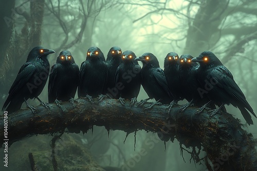 A murder of crows with glowing eyes in a dark and foggy forest.