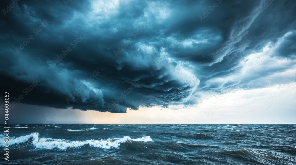 Fototapeta premium Ominous clouds gather overhead as the calm sea prepares for an impending storm