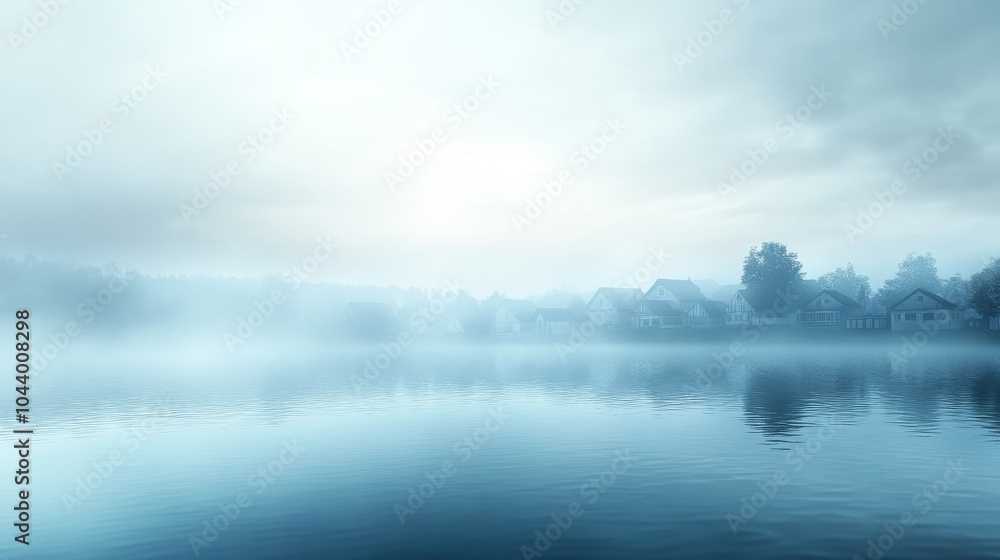 Fototapeta premium Dawn’s fog envelops a tranquil coastal village creating an ethereal atmosphere