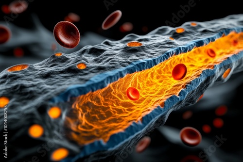 Platelet adhesion to a damaged blood vessel, showing the process of clot formation at the microscopic level