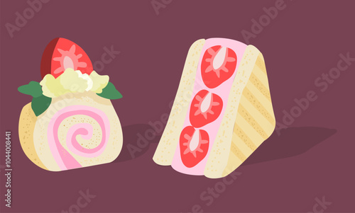 Banner Fruit sandwich with strawberries and cream, colorful sweet bakery item. Healthy snack Japanese Fruit Sandwich Isolated on a cute Pink background with text. Stylish poster for kitchen or cafe.