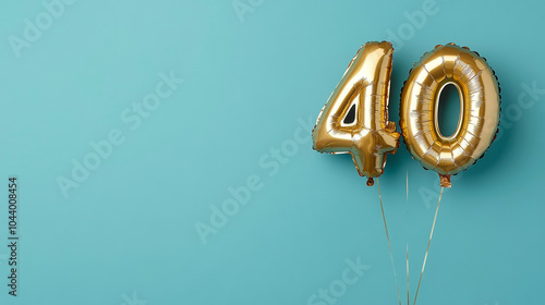 Banner with number 40 golden balloon with copy space. forty years anniversary celebration concept on a blue background
