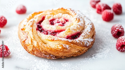 Classic Danish pastry with a raspberry swirl, isolated on a white marble background, surrounded by fresh raspberries and a light dusting of powdered sugar photo