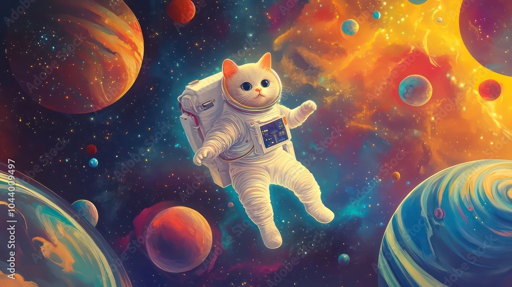 A white cat wearing an astronaut suit floats in space surrounded by planets and stars. A white cat wearing an astronaut suit floats in space surrounded by planets and stars.