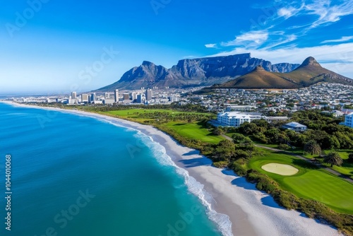 Table Mountain towering over Cape Town, with the city below and the blue waters of the Atlantic Ocean stretching to the horizon