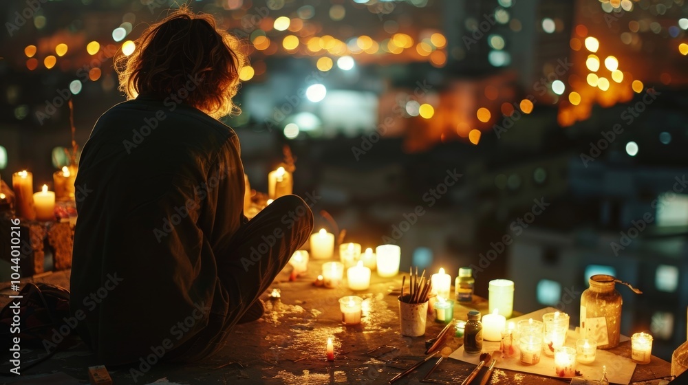 A local artist sitting on the edge of the rooftop surrounded by candles and their painting supplies. 2d flat cartoon. A local artist sitting on the edge of the rooftop surrounded by candles and their painting supplies. 2d flat cartoon.