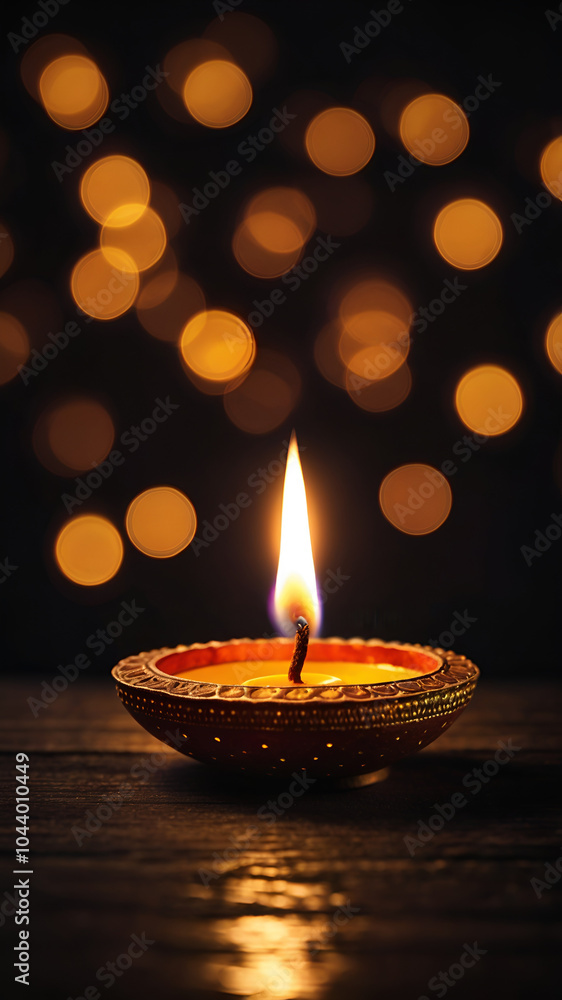 View of Diya against dark Bokeh of lights background View of Diya against dark Bokeh of lights background
