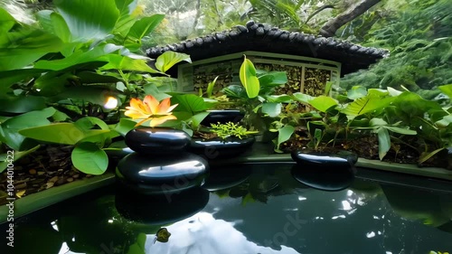 Zen garden with smooth stones, flowing water, and green plants, creating a peaceful ambiance. video
