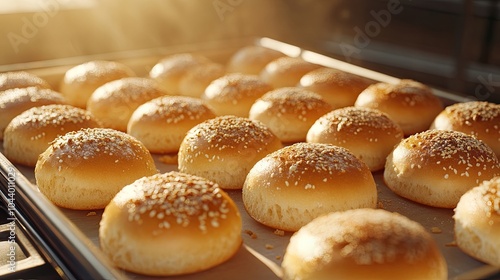 A tray of freshly baked bread rolls, golden and soft, ready to be served.