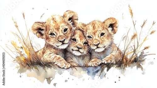 Cute watercolor of lion baby siblings in the wild , lions, babies, siblings, wildlife, animals, cute, watercolor,brothers, sisters photo