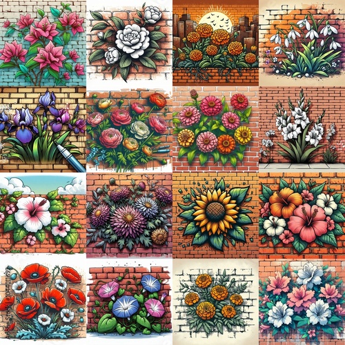 Flowers painted on the bricks wall. AI generated illustration
