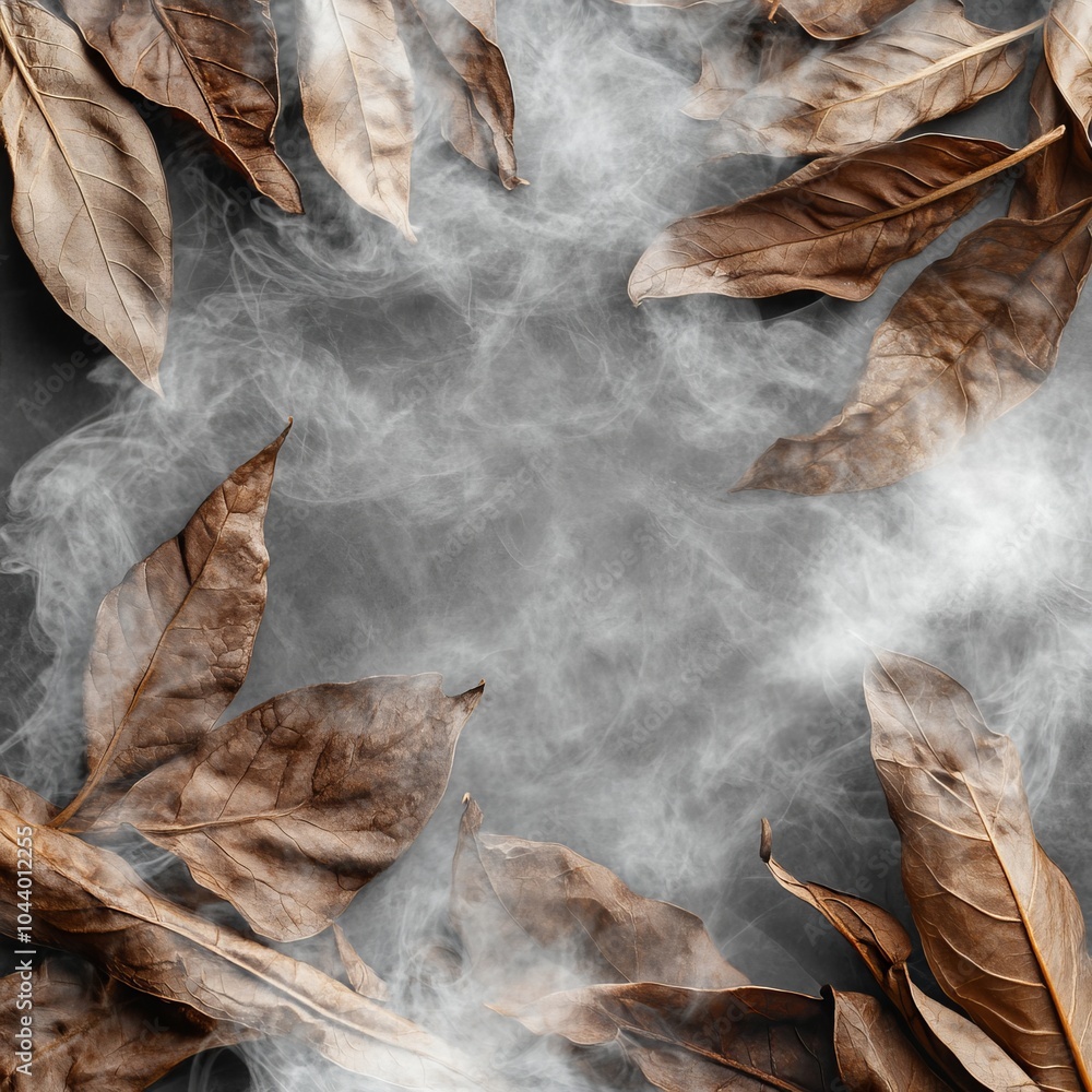 Tobacco leaves on a black background, dark shades, with some leaves flying around Tobacco leaves on a black background, dark shades, with some leaves flying around