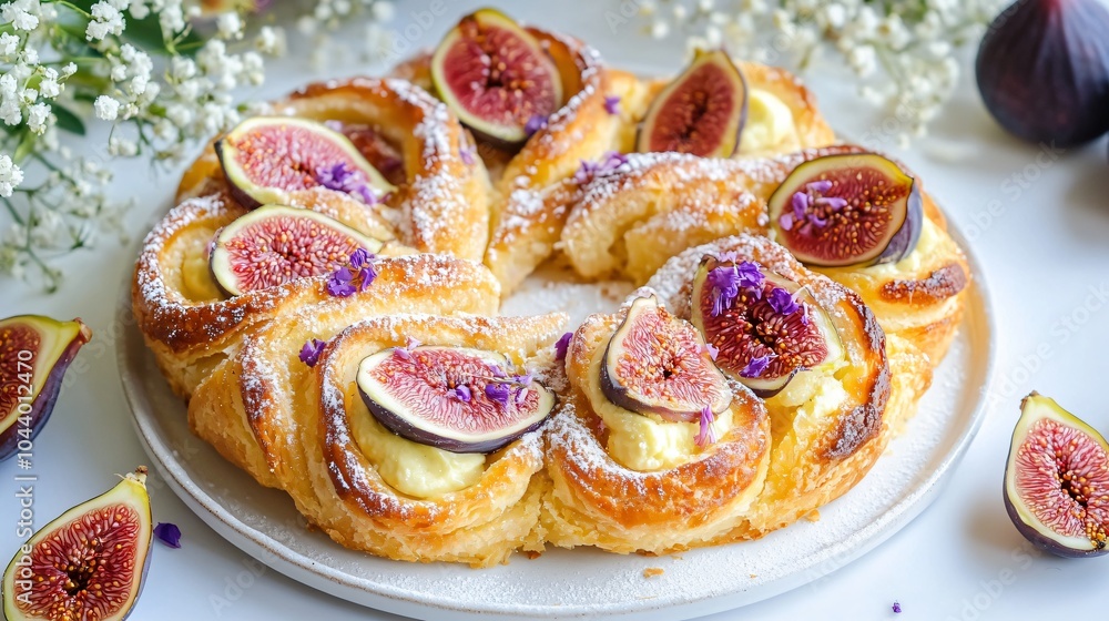 Danish pastry with vanilla custard and fresh figs, isolated on a white ceramic plate, surrounded by fig slices and edible flowers Danish pastry with vanilla custard and fresh figs, isolated on a white ceramic plate, surrounded by fig slices and edible flowers
