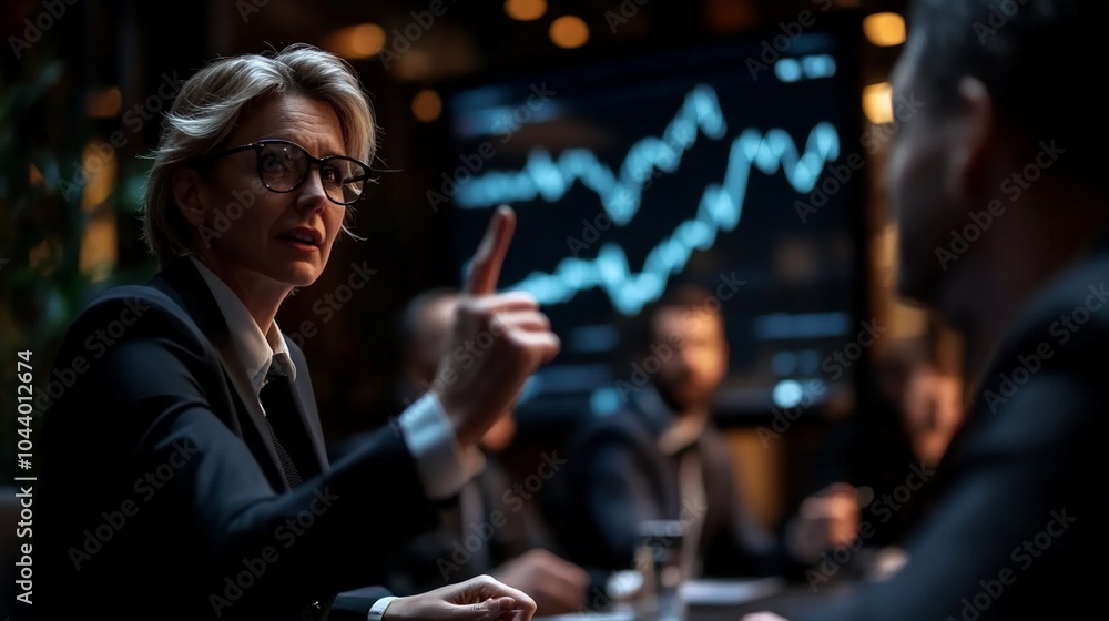 Businesswoman pointing to a chart during a presentation. Businesswoman pointing to a chart during a presentation.