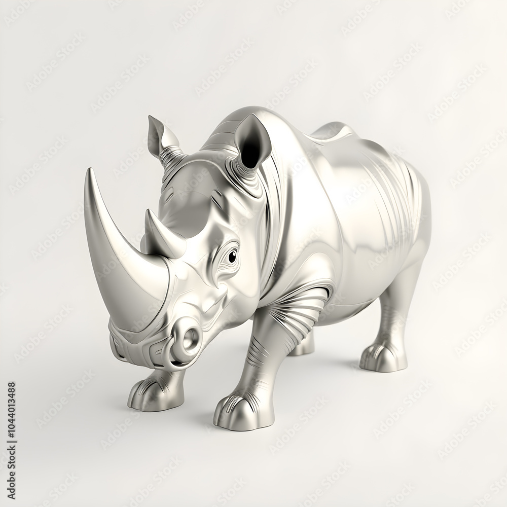 Obraz premium Rhino metallic 3D image of silver rhino on white background. Generative AI