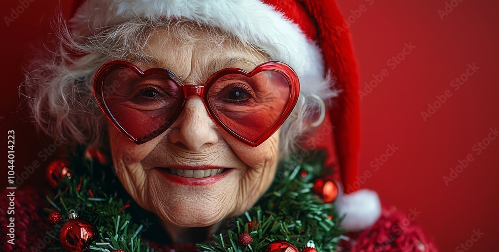 An eccentric elderly woman in festive attire brings cheerful holiday spirit, perfect for Christmas greetings, decorations, or seasonal marketing campaigns. An eccentric elderly woman in festive attire brings cheerful holiday spirit, perfect for Christmas greetings, decorations, or seasonal marketing campaigns.