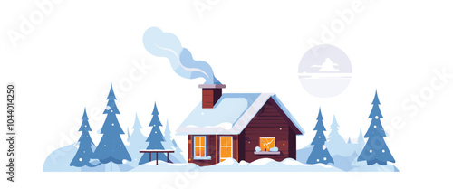 Cozy winter cabin in snowy forest, vector illustration, serene holiday season artwork