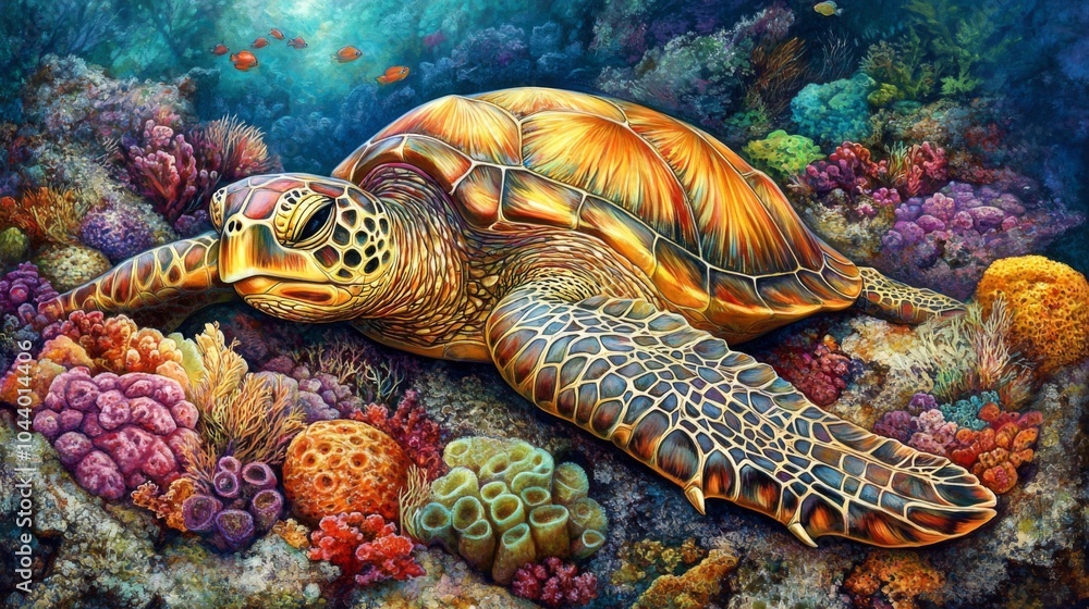 Fototapeta premium Vibrant Sea Turtle Swimming Among Colorful Corals