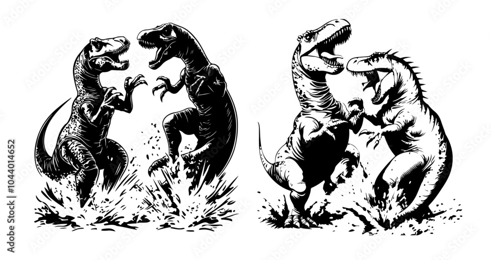 Fototapeta premium Intense illustration of two Tyrannosaurus Rex dinosaurs locked in a fierce battle, capturing prehistoric might and drama.