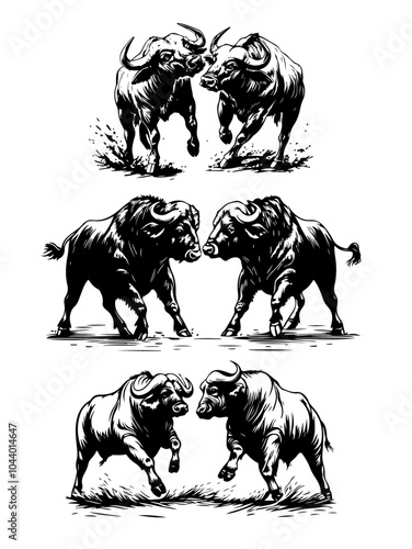 Illustration of two powerful bull buffalo standing face-to-face, ready for confrontation, showcasing strength and wild nature.