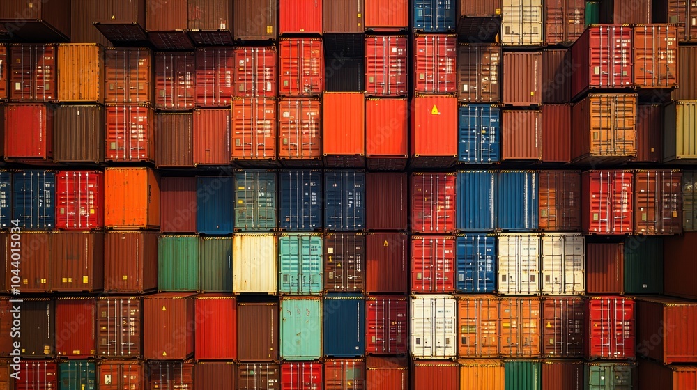 Fototapeta premium Packed container ship, heading to sea, symbolizing global trade