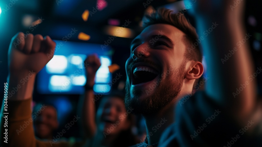 A young man with a beard smiles and raises his fist in celebration as confetti falls around him. A young man with a beard smiles and raises his fist in celebration as confetti falls around him.