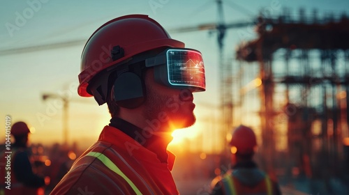 Construction worker wearing VR headset with digital interface, looking into the future of building.