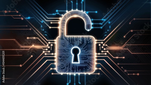 Abstract futuristic illustration of a digital padlock with circuit board patterns, glowing lines, and data flow, symbolizing cybersecurity, encryption, and protection of information. photo