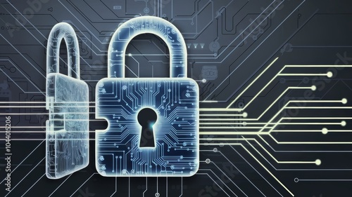 Abstract futuristic illustration of a digital padlock with circuit board patterns, glowing lines, and data flow, symbolizing cybersecurity, encryption, and protection of information.