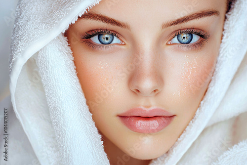 A close-up shot of a woman with clear blue eyes and flawless skin, draped in a soft white towel. Her face has a gentle glow, with delicate freckles and water droplets adding a fresh, dewy look